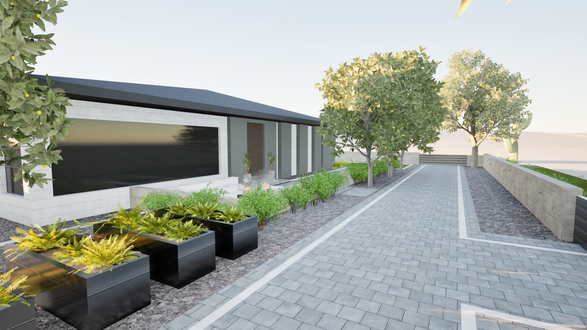 3D design of a paver entry walk with planters