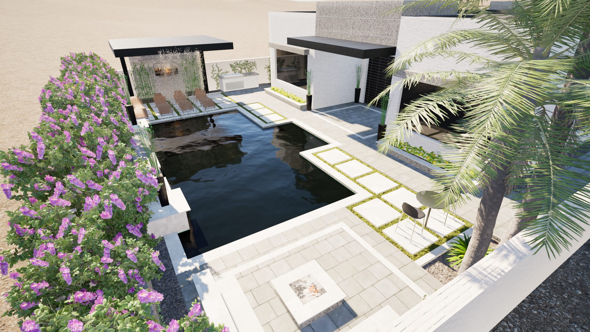 3D design of a modern pool and paver deck