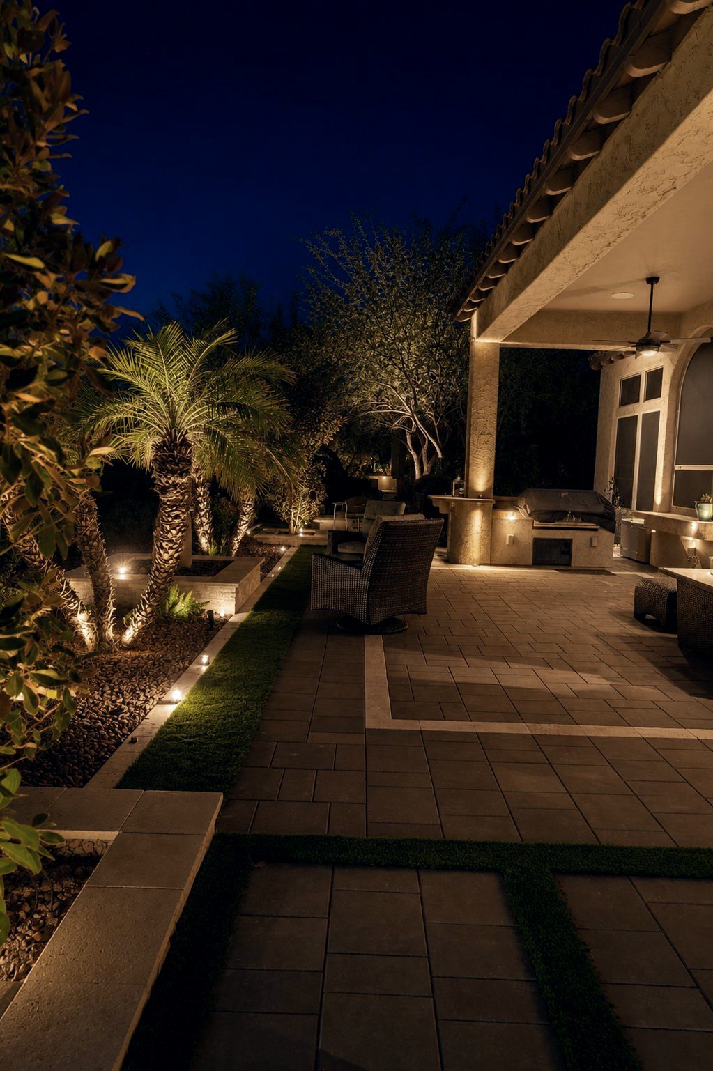 Patio, palms and outdoor kitchen lit at night