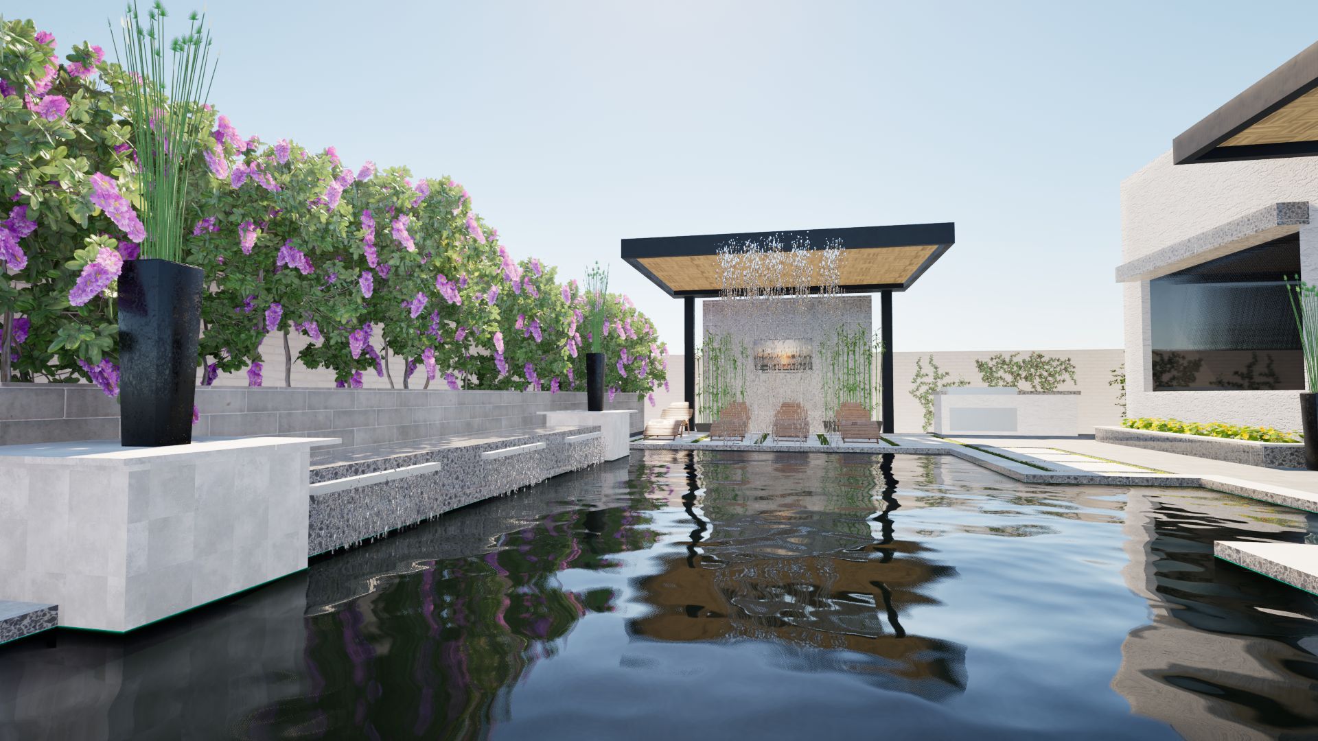 3D design of a poolside cabana with a rain curtain